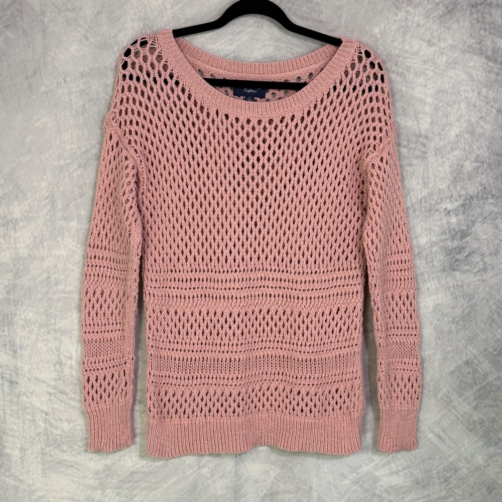 y2k 2010s American Eagle Open Knit Sweater Womens sz L Pink‎ coastal Beach